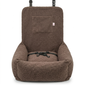 Fotelik samochodowy Lumi z tkaniny boucle w kolorze brązowym dla psa z pasami bezpieczeństwa i zdejmowanym pokrowcem